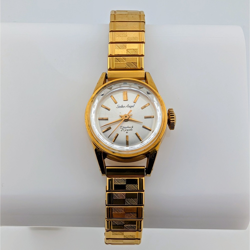 1964 Seiko Angel Diashock 21 Jewel Manual Wind Gold Plated Faceted Crystal Watch